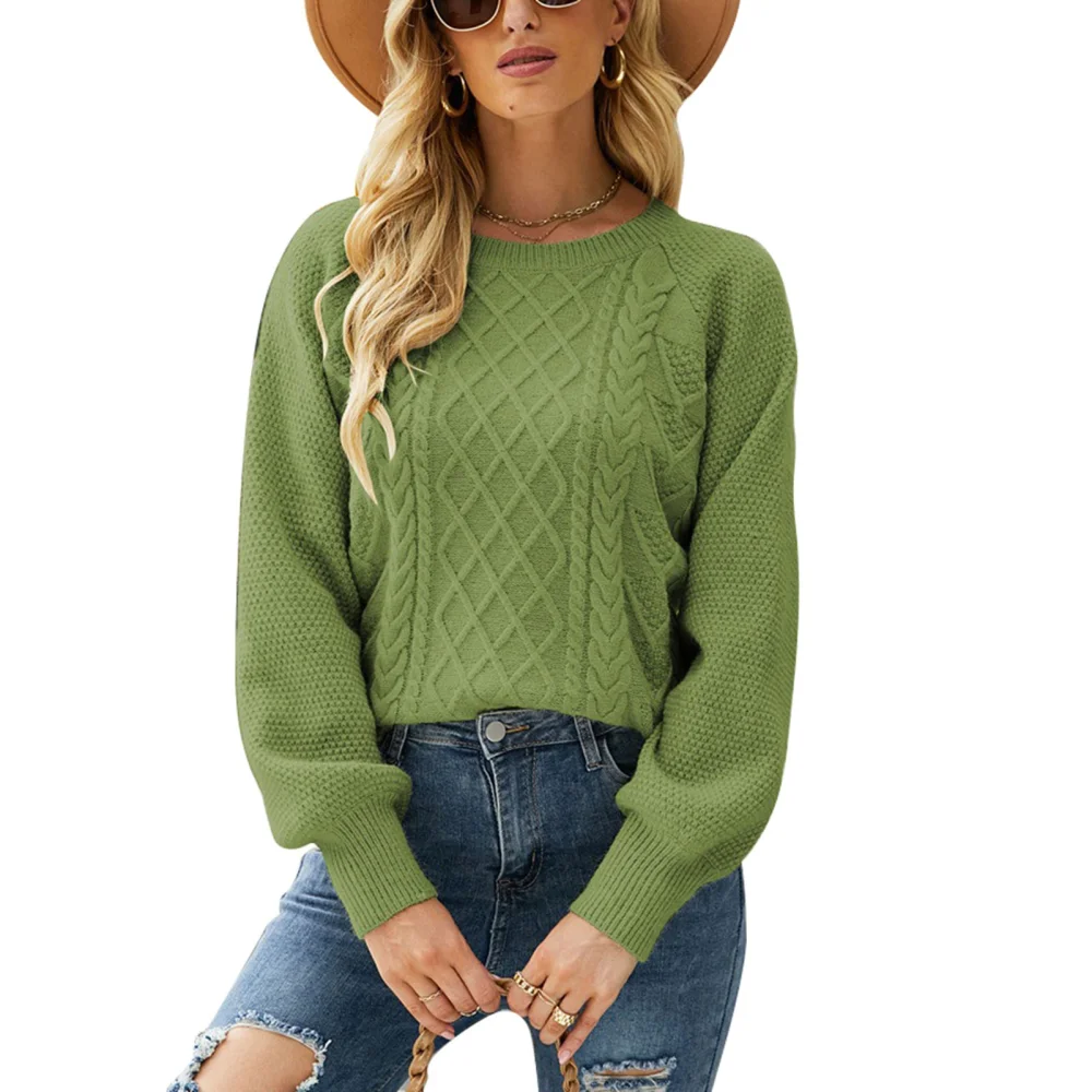 Women Sweater Pure Color Long Sleeve Loose Fit Comfortable Pullover Knitwear for Work Dating School Vacation Green XL