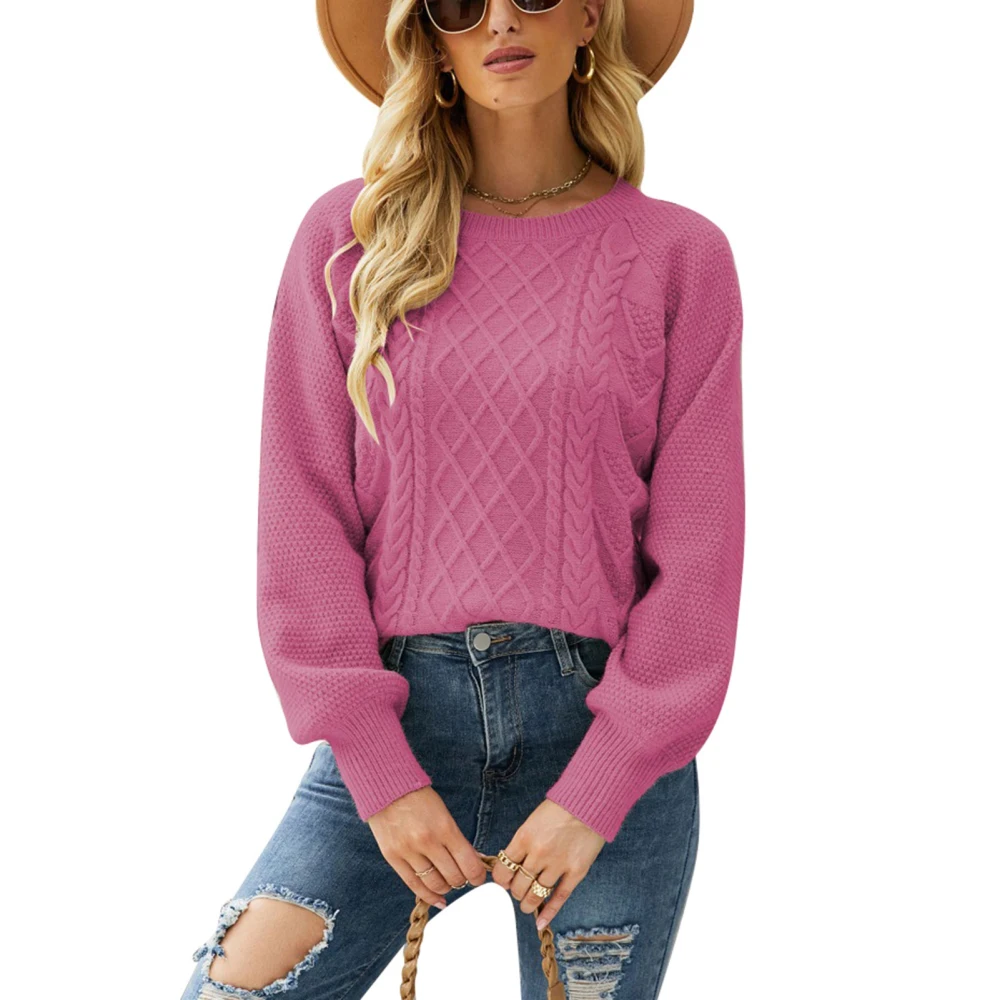 Women Sweater Pure Color Long Sleeve Loose Fit Comfortable Pullover Knitwear for Work Dating School Vacation Rose Red XL