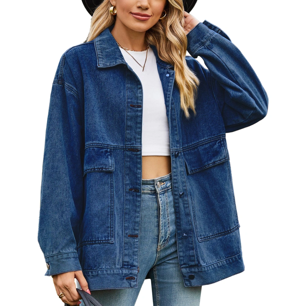 Women Button Up Jacket Long Sleeve Drop Shoulder Turn Down Collar Loose Outerwear with Large Pockets Dark Blue L