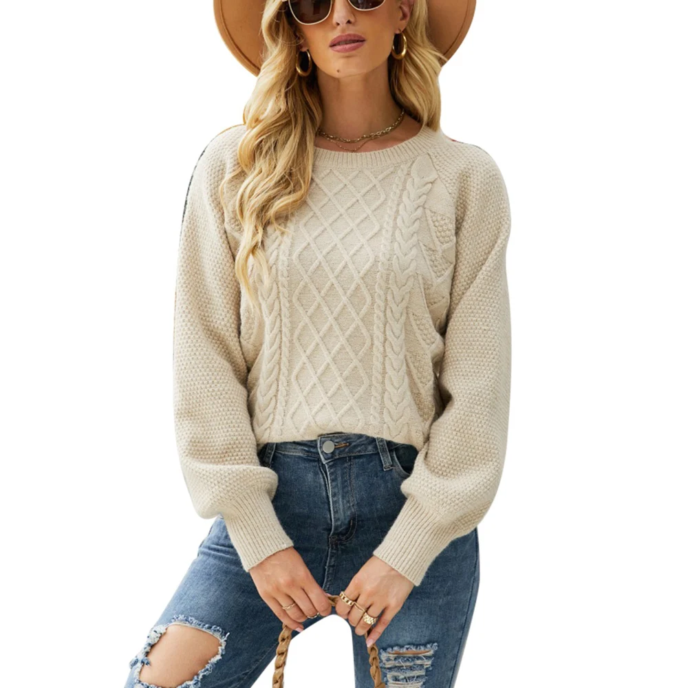 Women Sweater Pure Color Long Sleeve Loose Fit Comfortable Pullover Knitwear for Work Dating School Vacation Apricot M