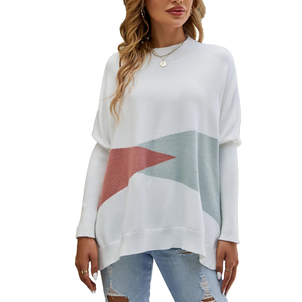 Women Crewneck Sweater Split Hem Color Blocking Long Sleeve Casual Pullover Sweater White XL