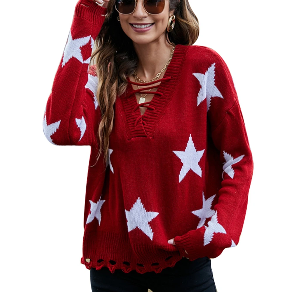 V Neck Cross Rope Star Sweater Long Sleeve Drop Shoulder Star Pattern Sweater for Women Red S