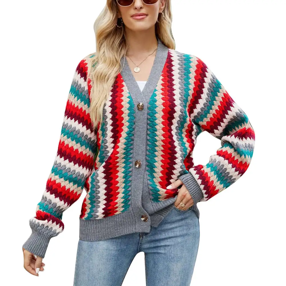 Women Open Front Sweater V Neck Color Blocking Striped Loose Fit Button Up Knit Outerwear Grey M