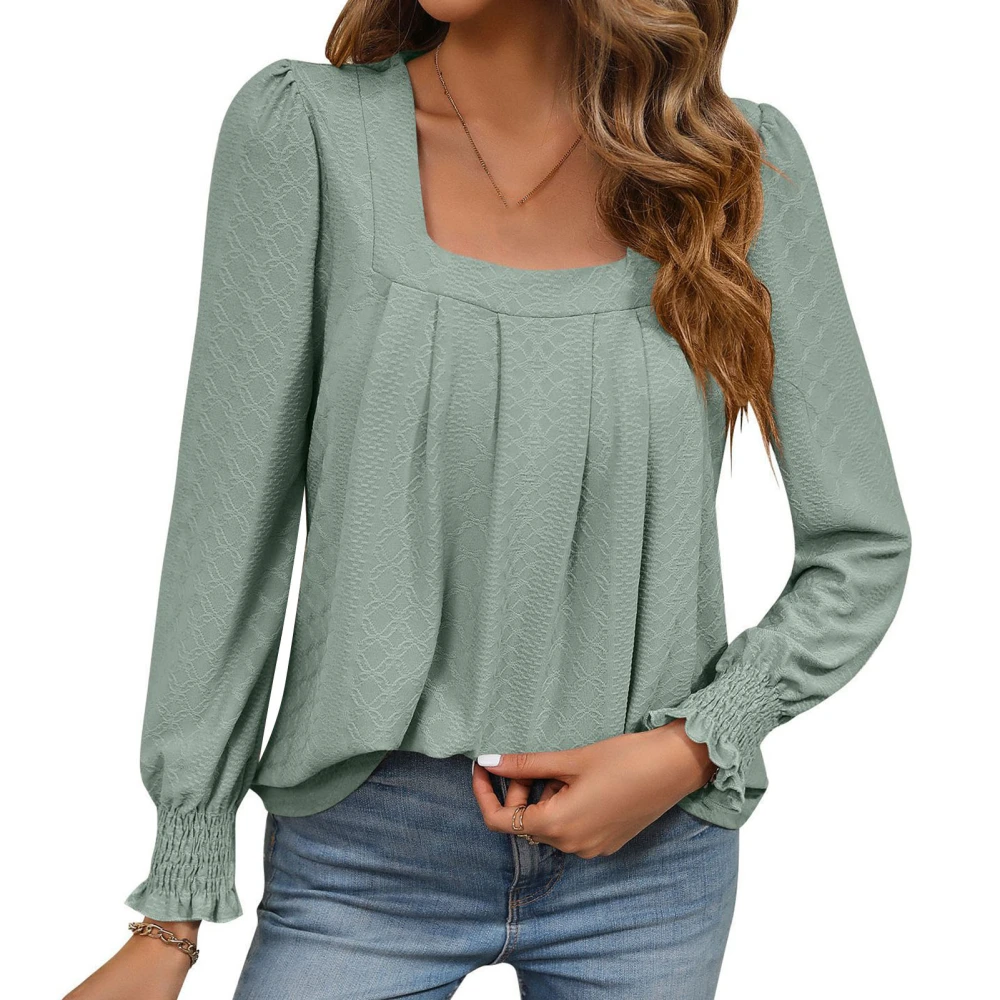 Women Long Sleeve Blouse Shirred Sleeve Pure Color Casual Stylish Long Sleeve Blouse Top for Daily Party Green L