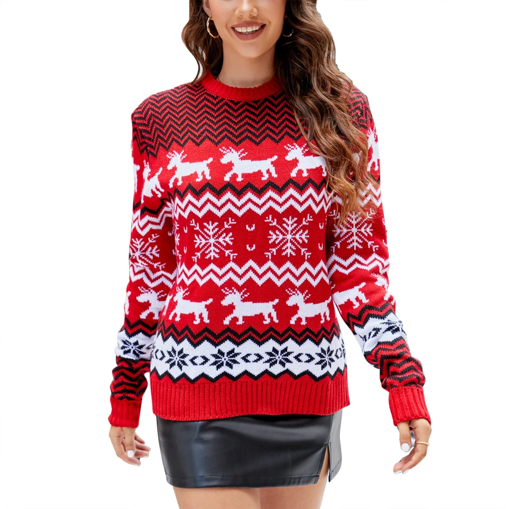 Christmas Sweater Round Neck Long Sleeve Soft Casual Fashionable Pullover Sweater for Daily Festival Red (Woman) M