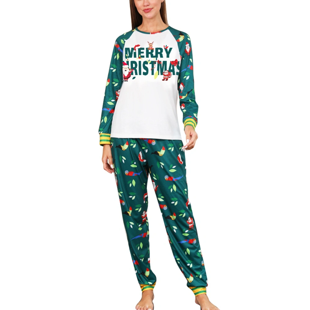 Christmas Loungewear Suit Round Neck Color Block Printed Christmas Long Sleeve Lounge Set Green Women L