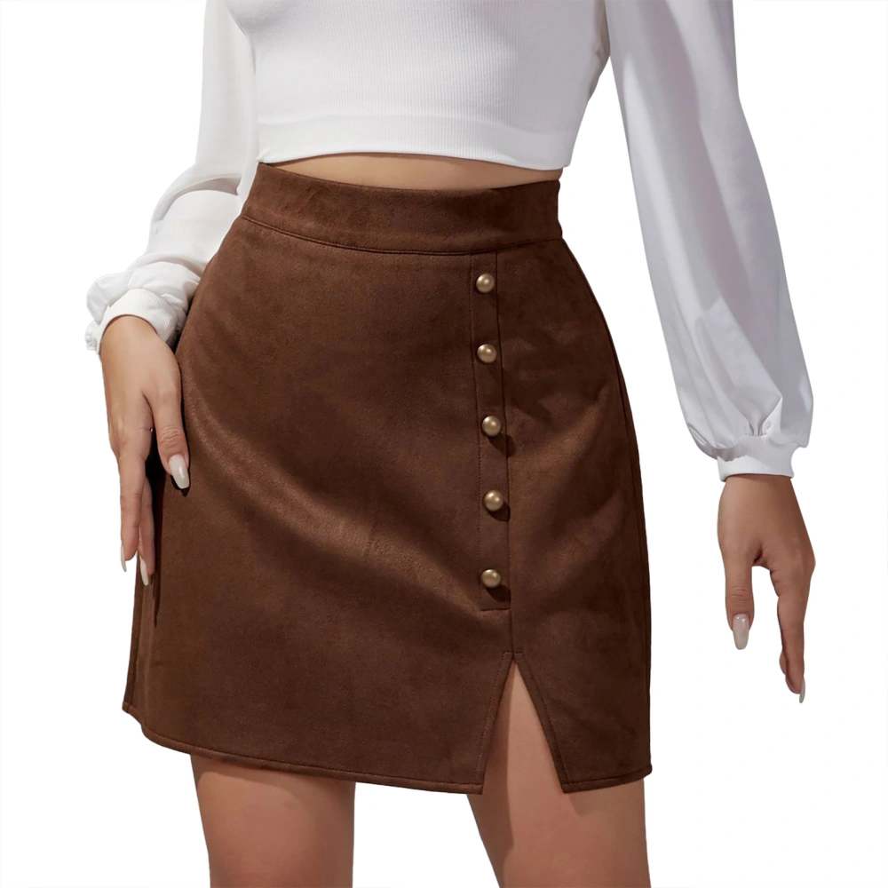 Bodycon Skirt Women High Waist Suede Solid Color with Metal Buckle for Autumn Winter Brown XL