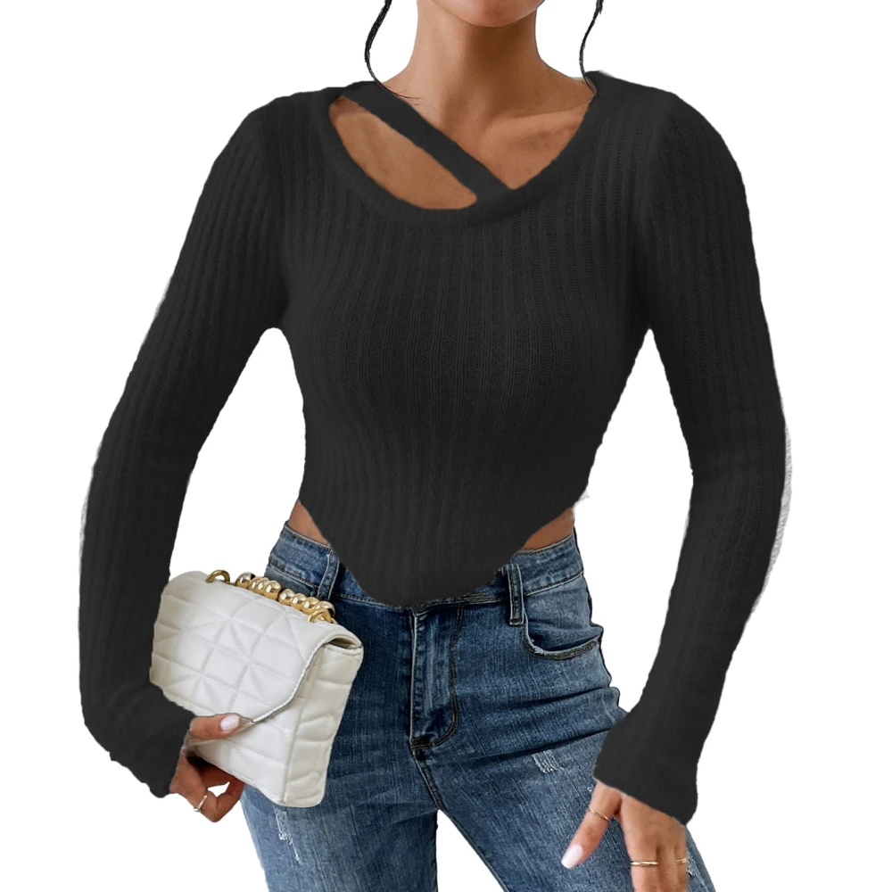 Irregular Hem Short Knitwear Slim Fit Comfy Solid Color Crew Neck Midriff Baring Casual Long Sleeve Sweaters for Women Black S