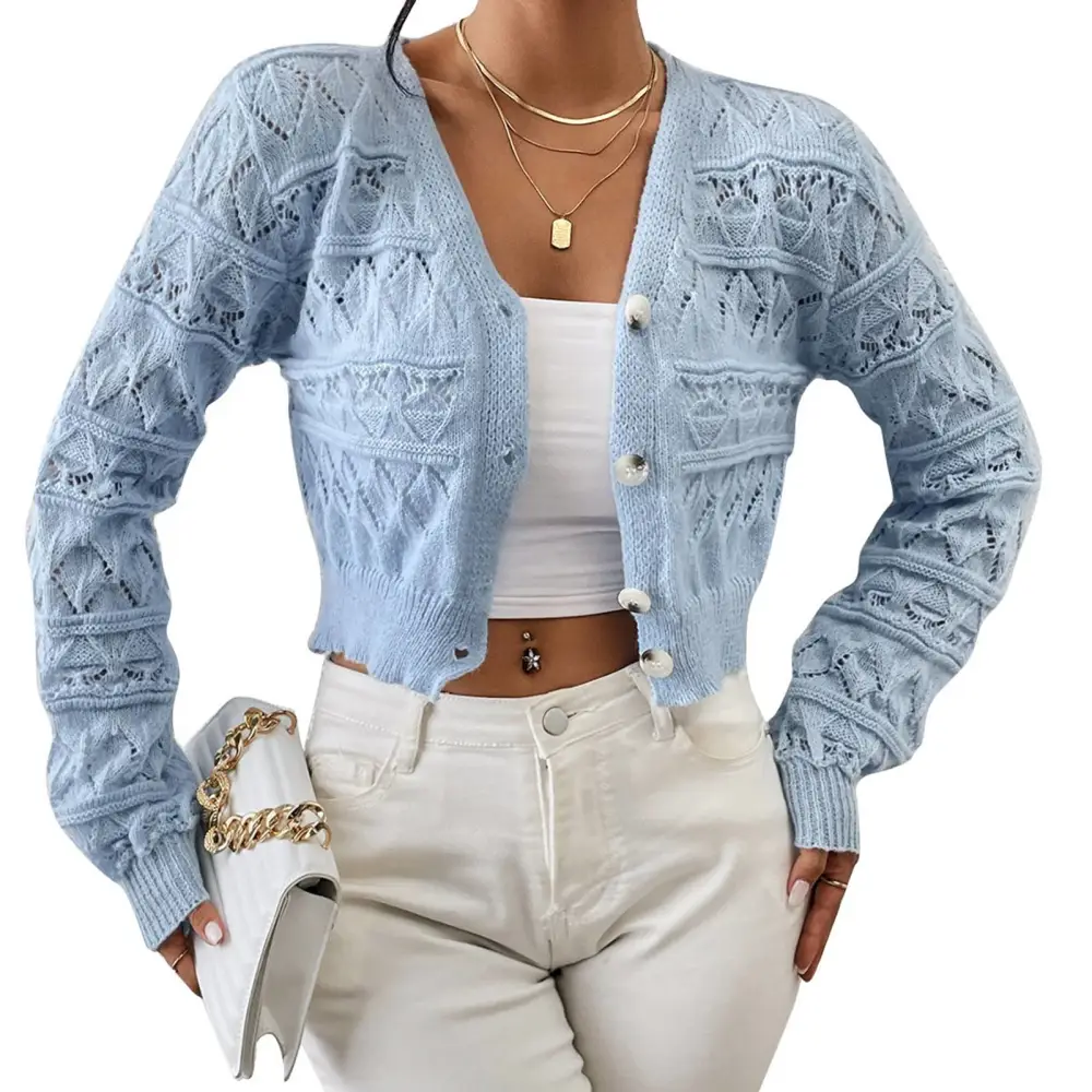 Women Sweater Jacket Pure Color V Neck Long Sleeve Short Sweater Button Knit Tops for Work Dating Sky Blue S