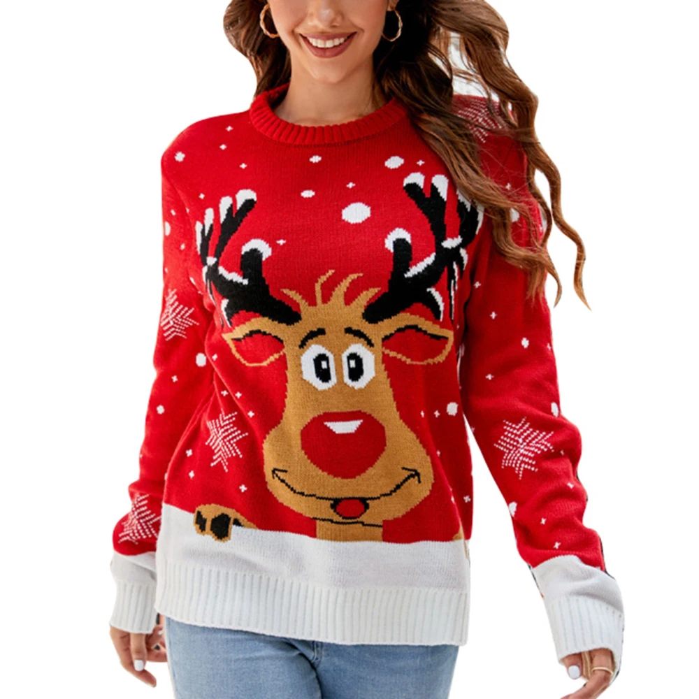 Women Christmas Pullover Sweater Round Neck Long Sleeve Color Blocking Fashionable Casual Xmas Sweater for Home Party A1073 XL