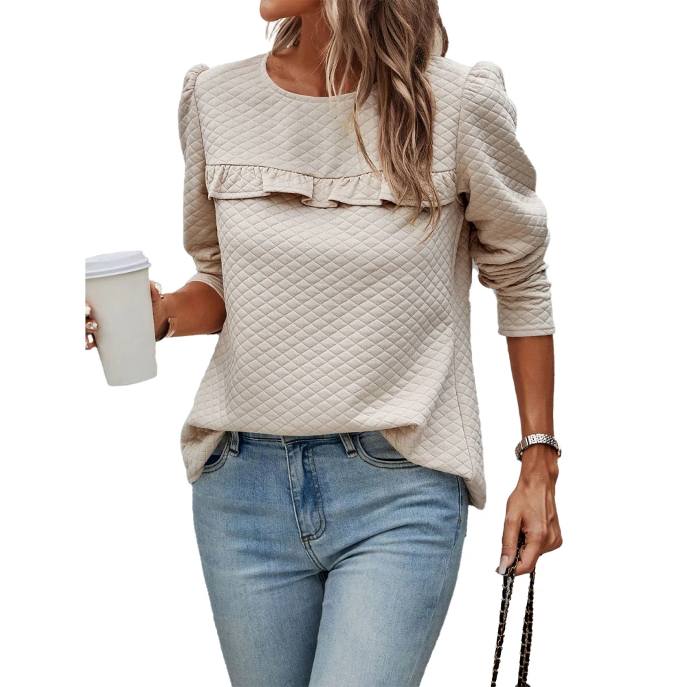 Woman Ruched Bust Round Neck Top Puff Sleeve Button Back Pure Color Long Sleeve Pullover Top Apricot L