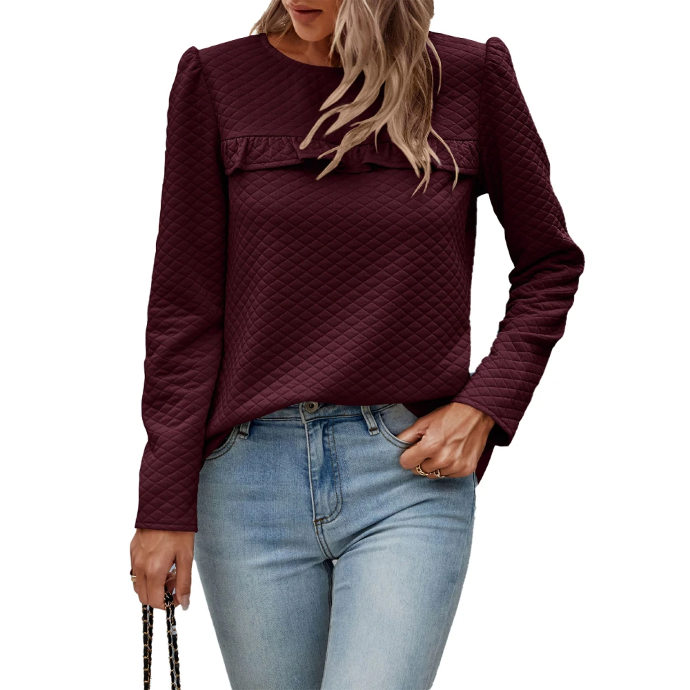 Woman Ruched Bust Round Neck Top Puff Sleeve Button Back Pure Color Long Sleeve Pullover Top Wine Red S