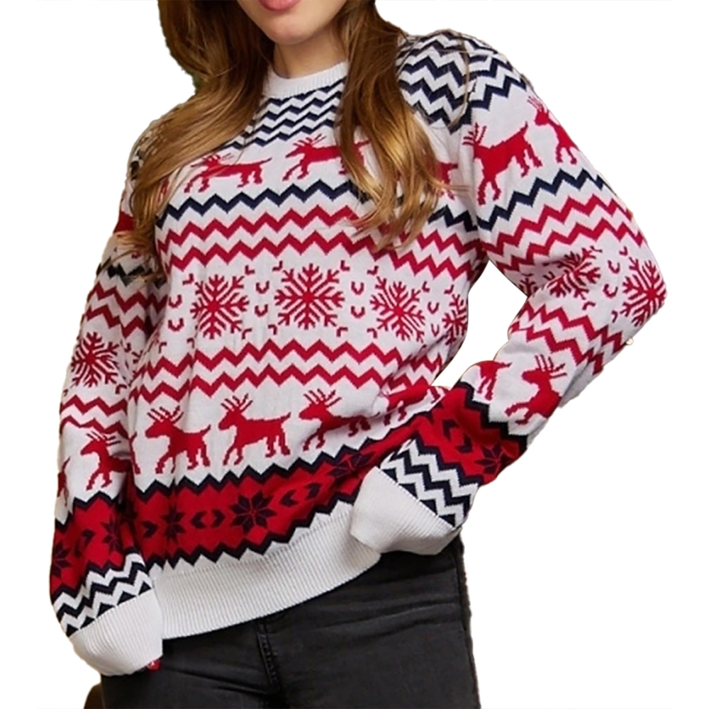 Christmas Sweater Round Neck Long Sleeve Soft Casual Fashionable Pullover Sweater for Daily Festival White (Woman) S