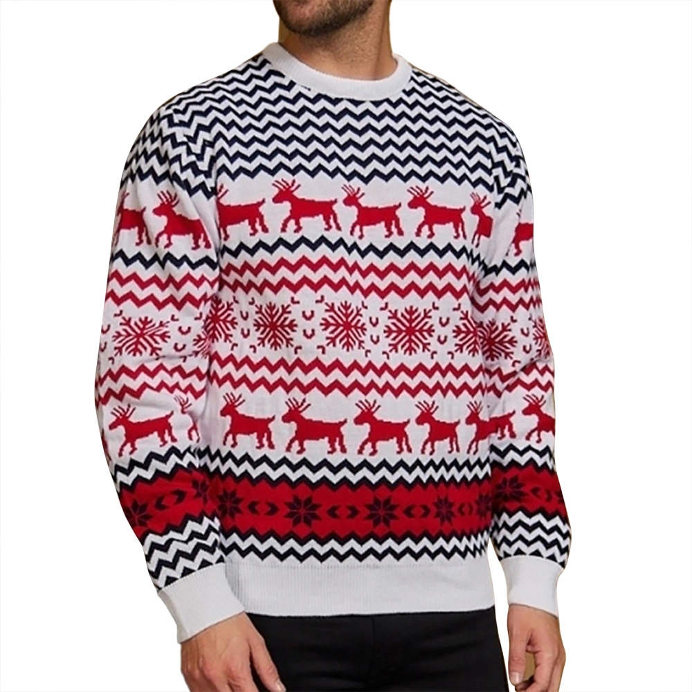 Christmas Sweater Round Neck Long Sleeve Soft Casual Fashionable Pullover Sweater for Daily Festival White (Man) L