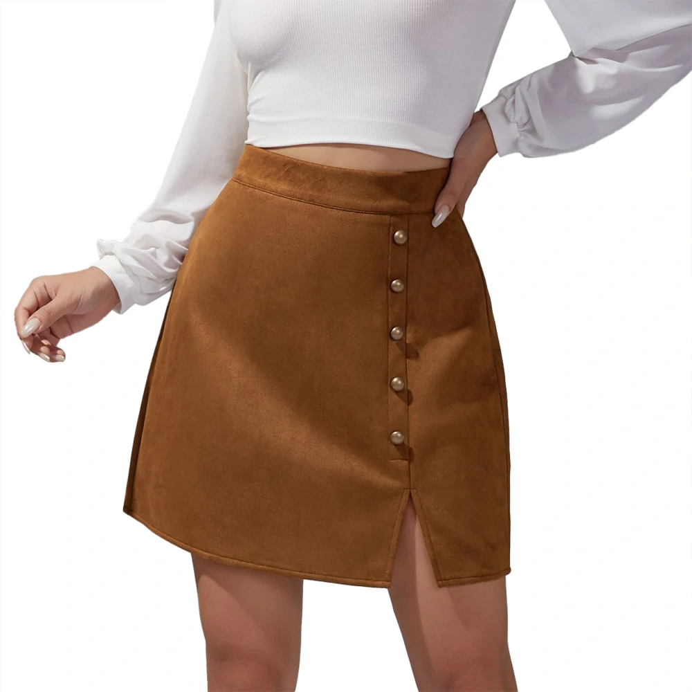 Bodycon Skirt Women High Waist Suede Solid Color with Metal Buckle for Autumn Winter Khaki M