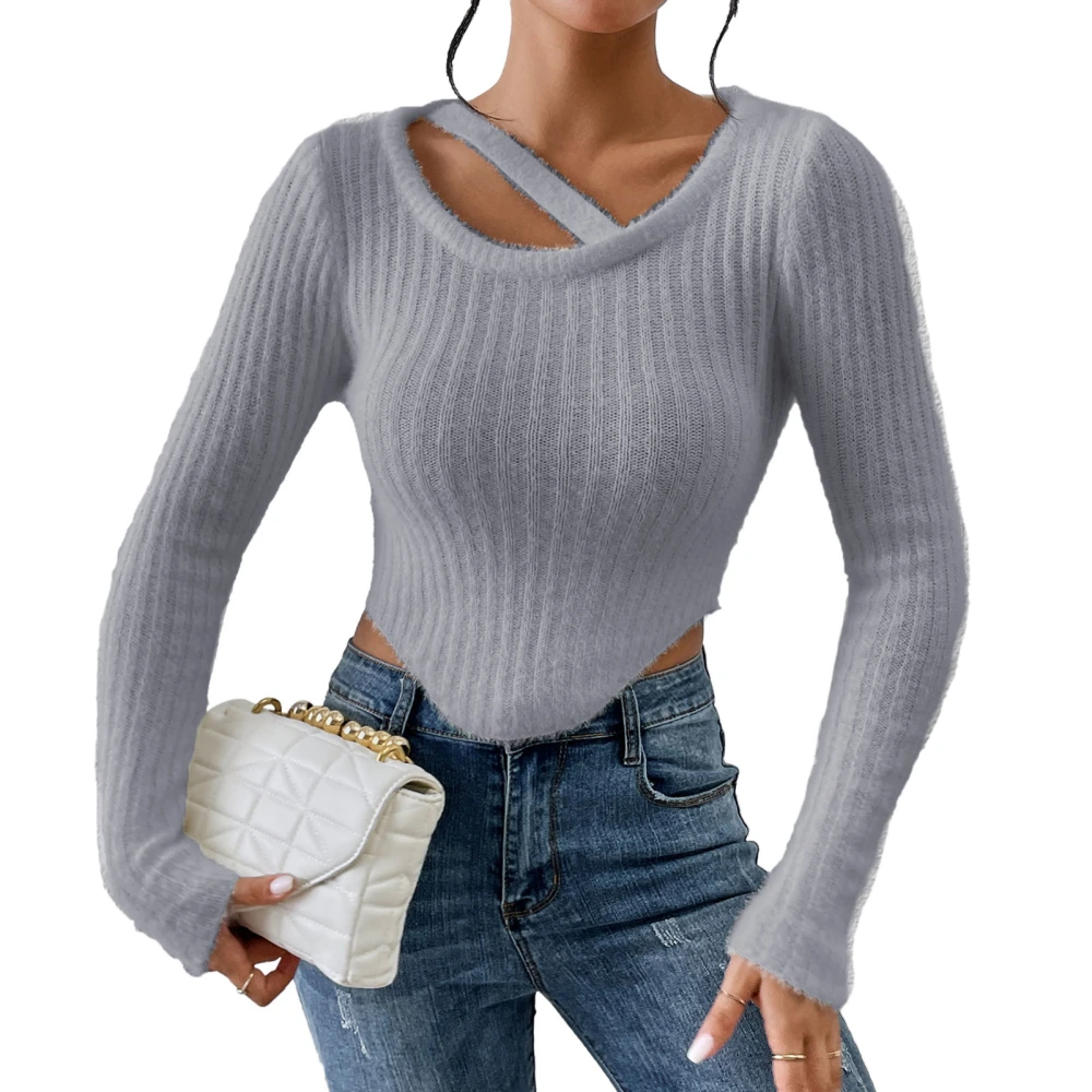 Irregular Hem Short Knitwear Slim Fit Comfy Solid Color Crew Neck Midriff Baring Casual Long Sleeve Sweaters for Women Grey S