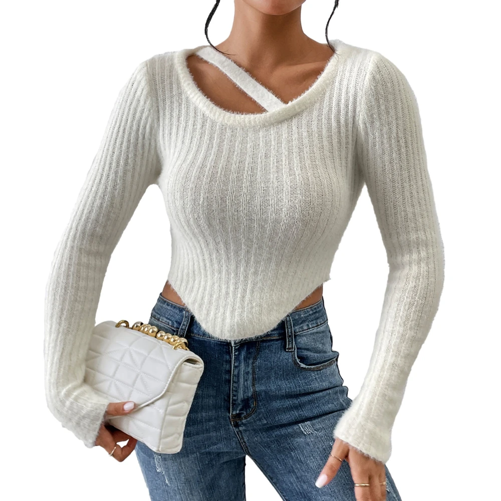 Irregular Hem Short Knitwear Slim Fit Comfy Solid Color Crew Neck Midriff Baring Casual Long Sleeve Sweaters for Women Beige S