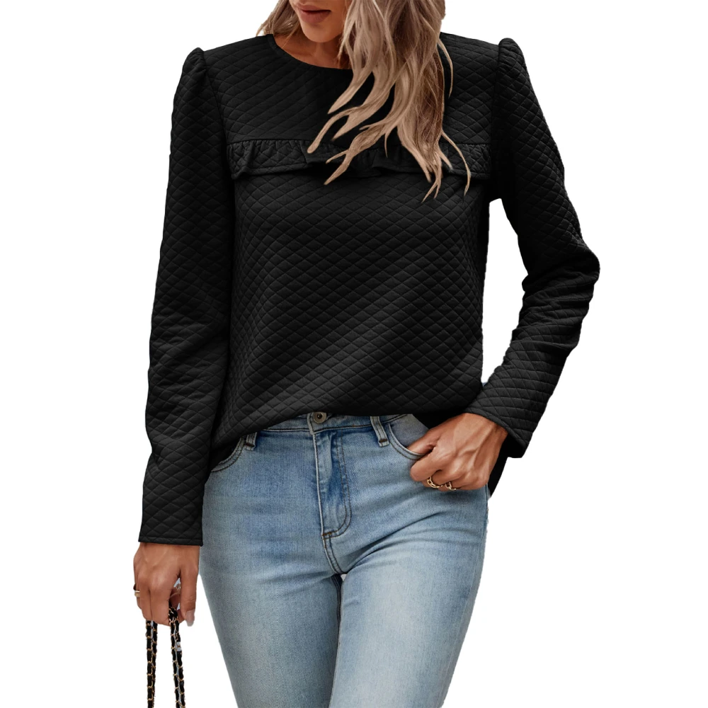 Woman Ruched Bust Round Neck Top Puff Sleeve Button Back Pure Color Long Sleeve Pullover Top Black L