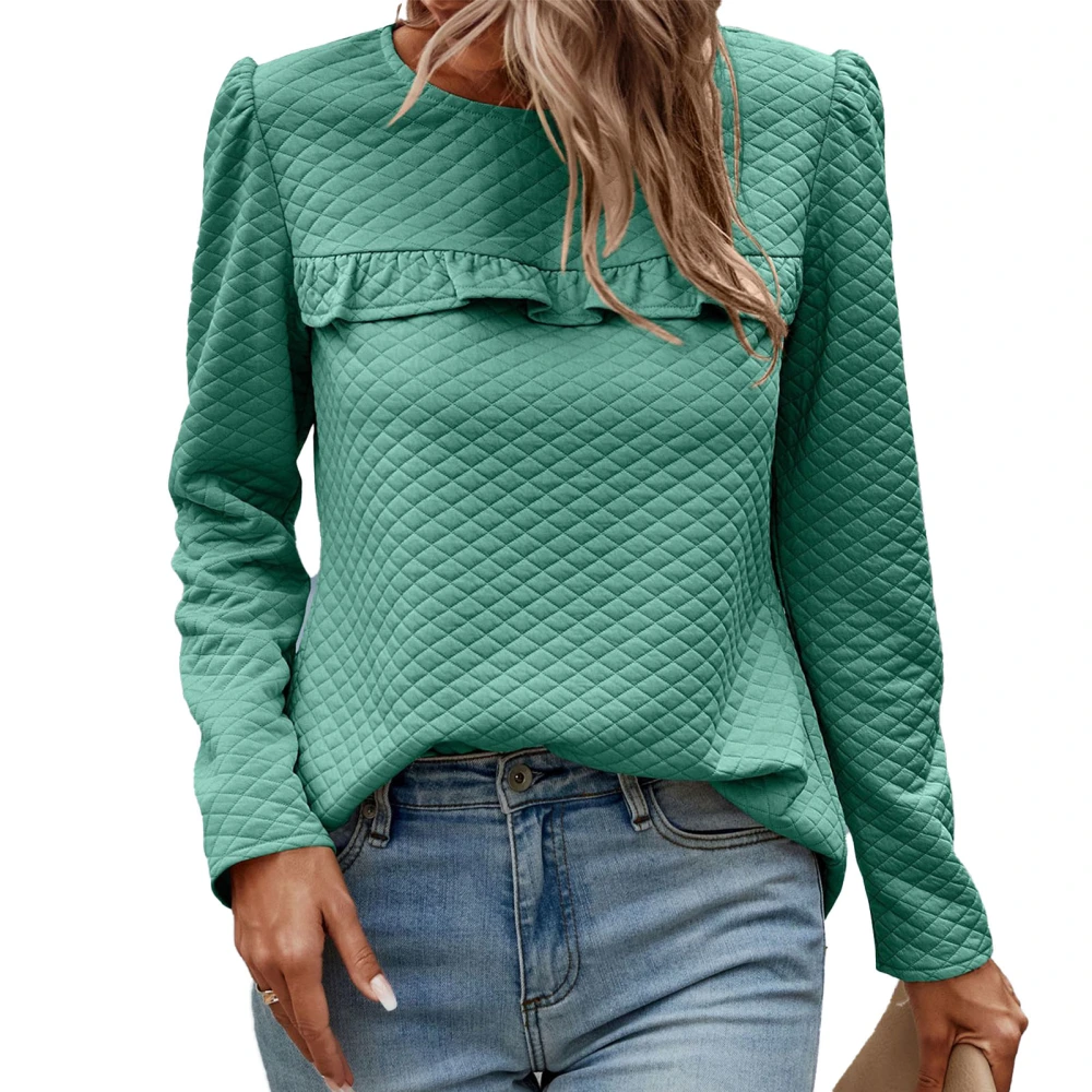 Woman Ruched Bust Round Neck Top Puff Sleeve Button Back Pure Color Long Sleeve Pullover Top Green S