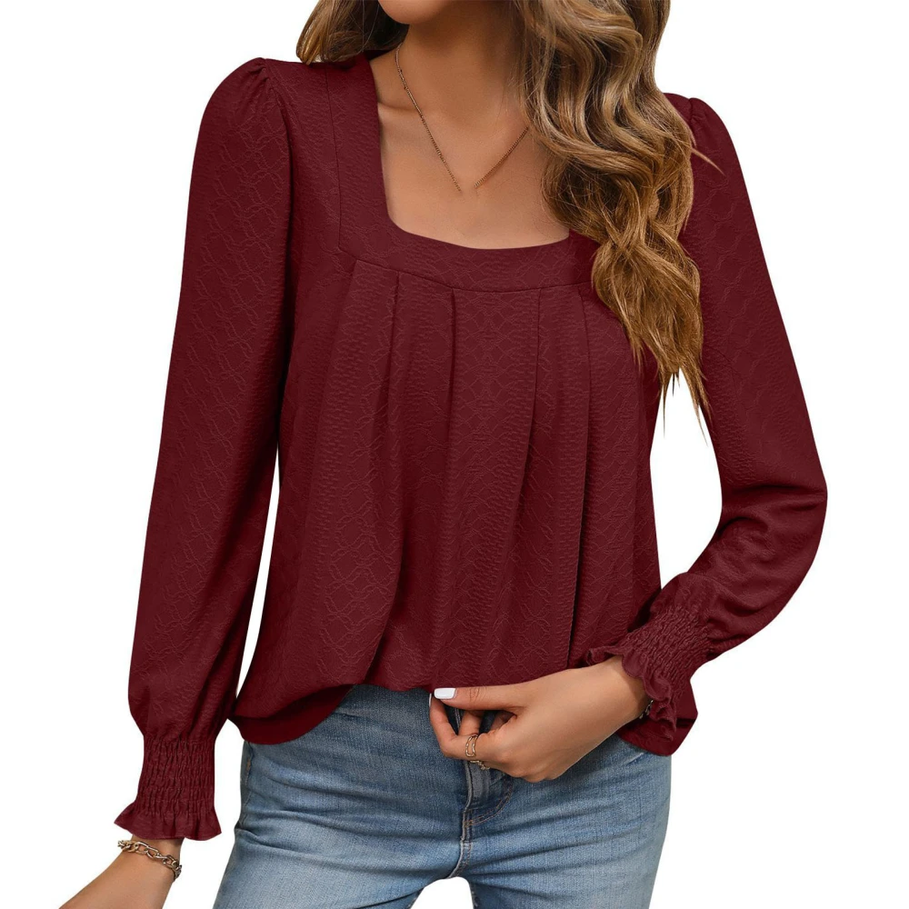 Women Long Sleeve Blouse Shirred Sleeve Pure Color Casual Stylish Long Sleeve Blouse Top for Daily Party Wine Red L