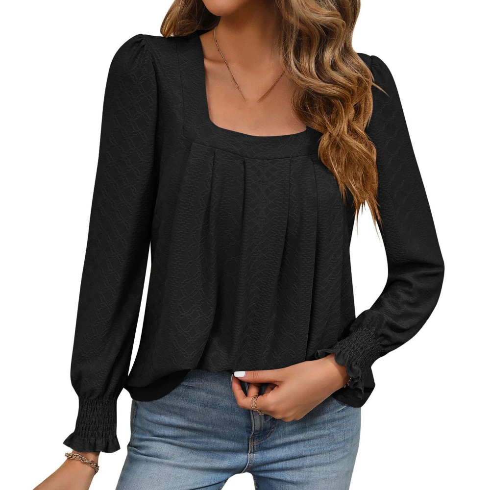 Women Long Sleeve Blouse Shirred Sleeve Pure Color Casual Stylish Long Sleeve Blouse Top for Daily Party Black XXL