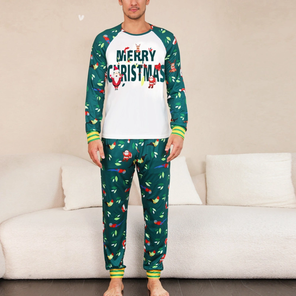 Christmas Loungewear Suit Round Neck Color Block Printed Christmas Long Sleeve Lounge Set Green Men XL