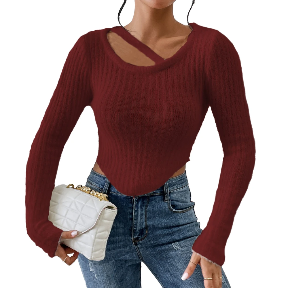 Irregular Hem Short Knitwear Slim Fit Comfy Solid Color Crew Neck Midriff Baring Casual Long Sleeve Sweaters for Women Wine Red S