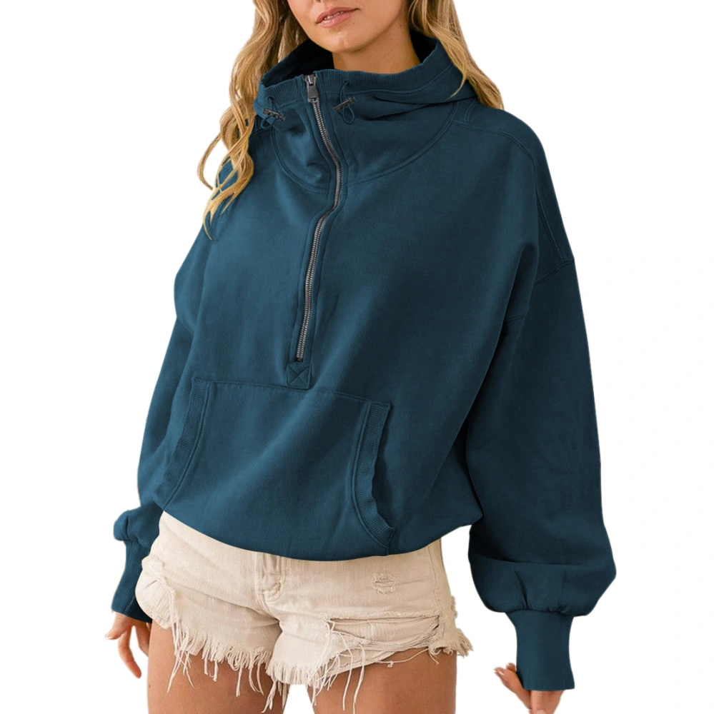 Women Causal Half Zip Hoodies with Large Pocket Pure Color Elasticized Hem Drawstring Sweatshirt for Shopping Party Blue XL