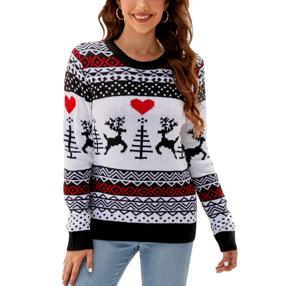 Women Christmas Pullover Sweater Round Neck Long Sleeve Color Blocking Fashionable Casual Xmas Sweater for Home Party A1048 L