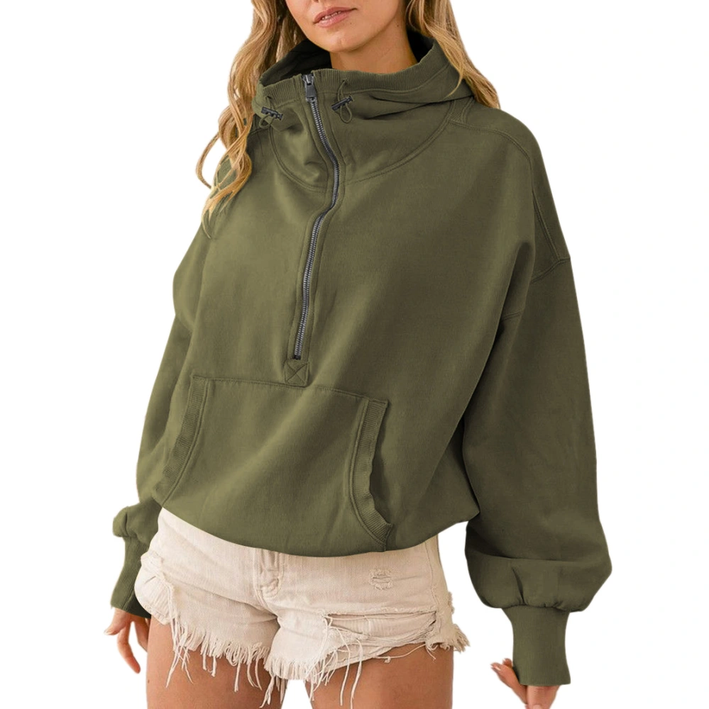 Women Causal Half Zip Hoodies with Large Pocket Pure Color Elasticized Hem Drawstring Sweatshirt for Shopping Party OD Green XL