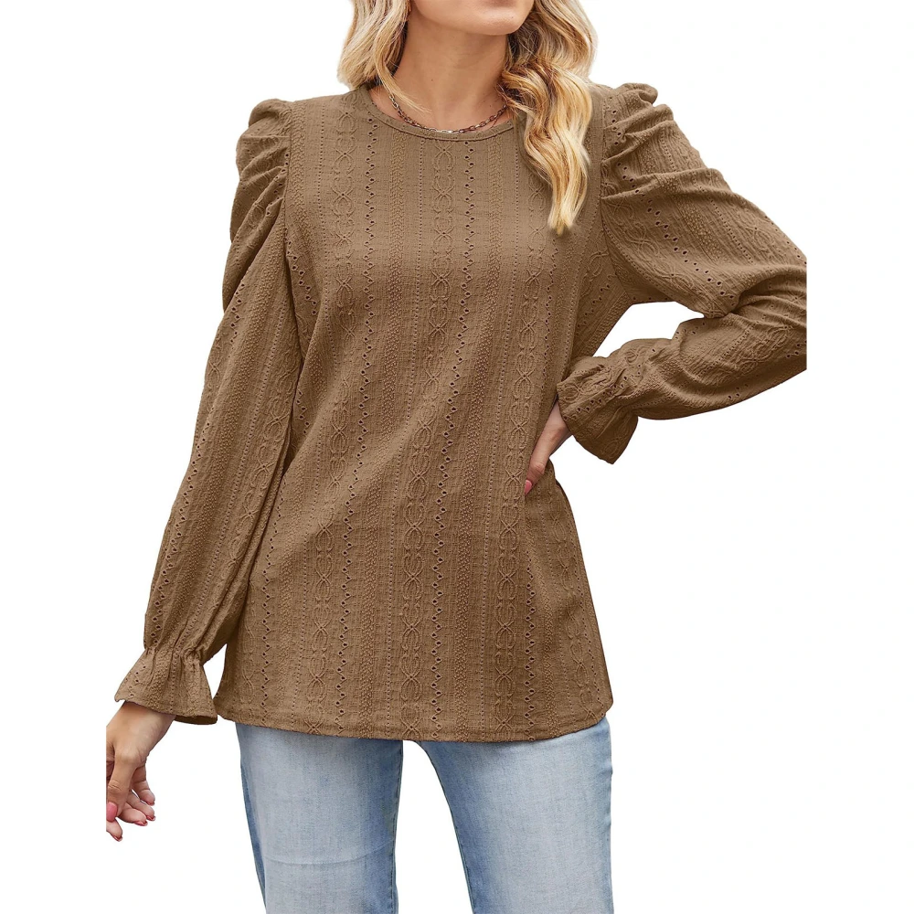 Women Long Sleeve Top Round Neck Puff Sleeve Breathable Sweet Casual Blouse for Work Dating Street Khaki M