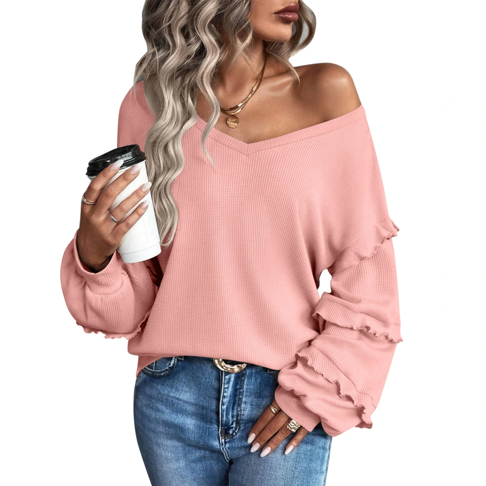 Women Long Sleeve V Neck Tops Autumn Winter Fashion Casual Ruffled Design Women Long Sleeve Loose Blouse Pink L