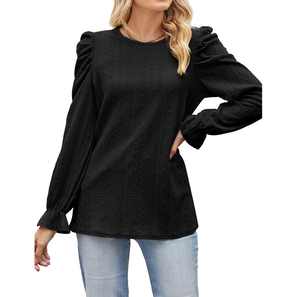 Women Long Sleeve Top Round Neck Puff Sleeve Breathable Sweet Casual Blouse for Work Dating Street Black S