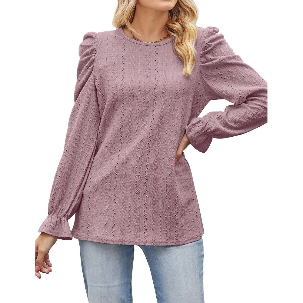 Women Long Sleeve Top Round Neck Puff Sleeve Breathable Sweet Casual Blouse for Work Dating Street Pink XL