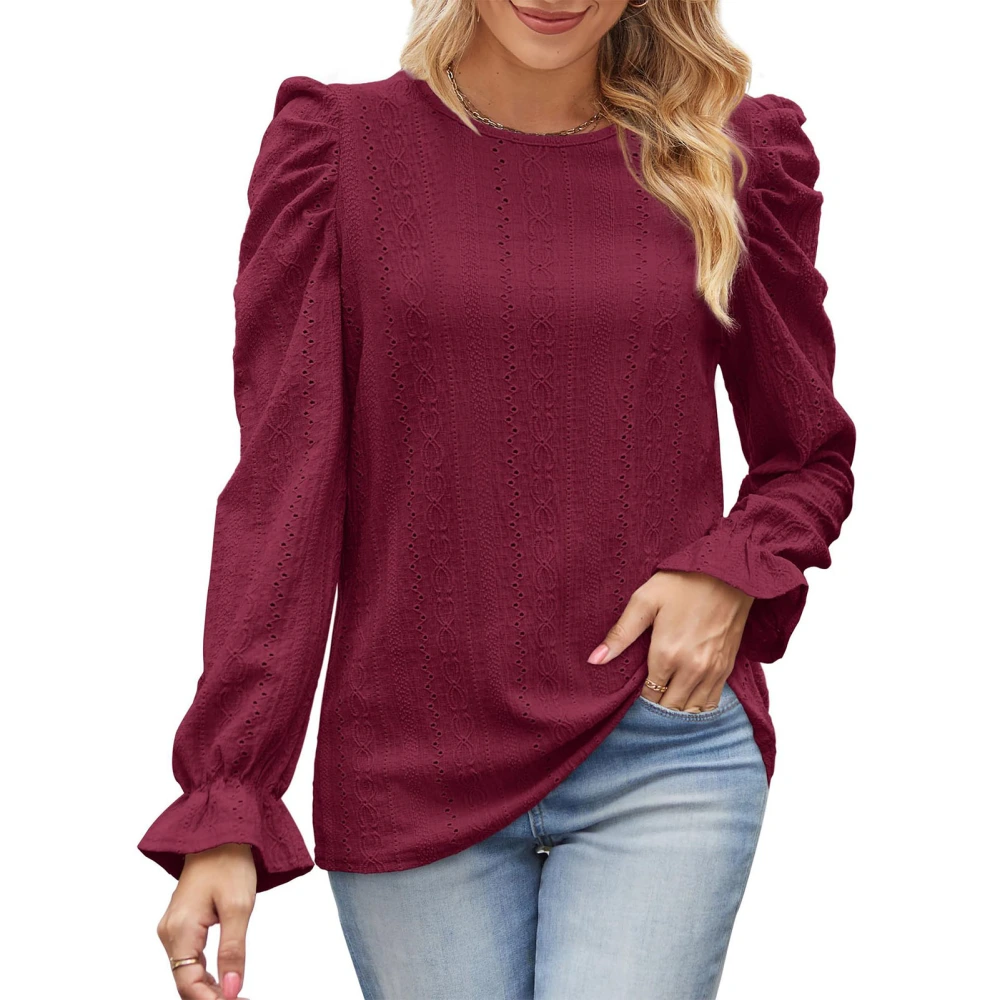 Women Long Sleeve Top Round Neck Puff Sleeve Breathable Sweet Casual Blouse for Work Dating Street Red XXL