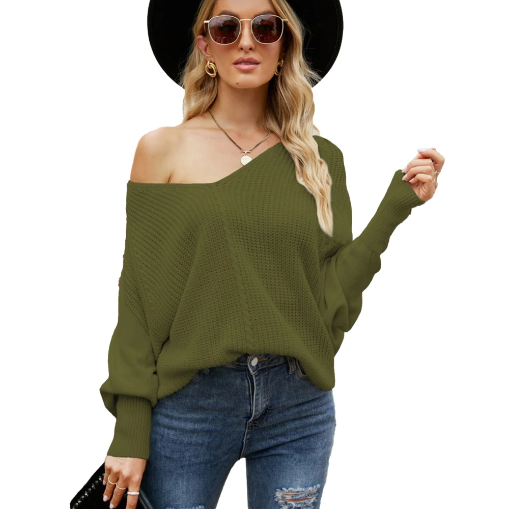 Off Shoulder Batwing Long Sleeve Sweater V Neck Pure Color Fashionable Loose Knit Pullover Sweatshirt for Women Green S