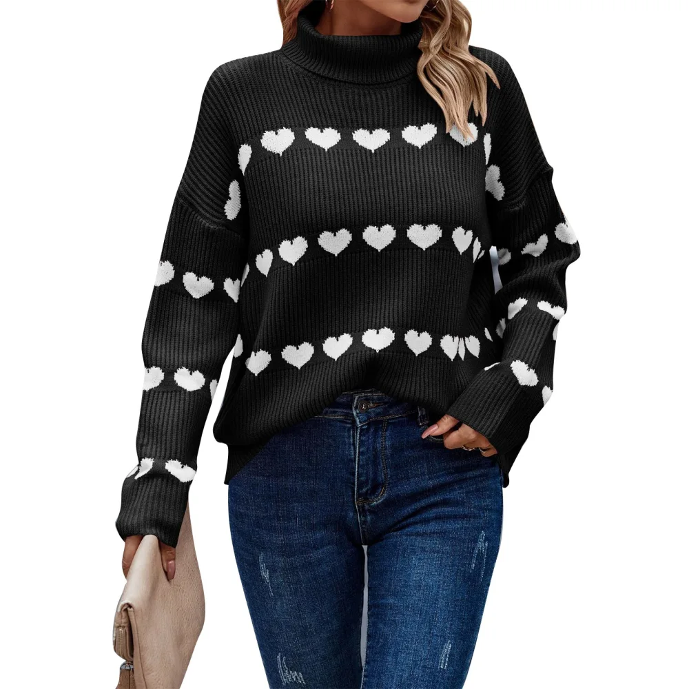 Women Turtleneck Sweater Casual Fashion Cute Long Sleeve Heart Pullover Sweaters for Autumn Winter Black Background White Heart L