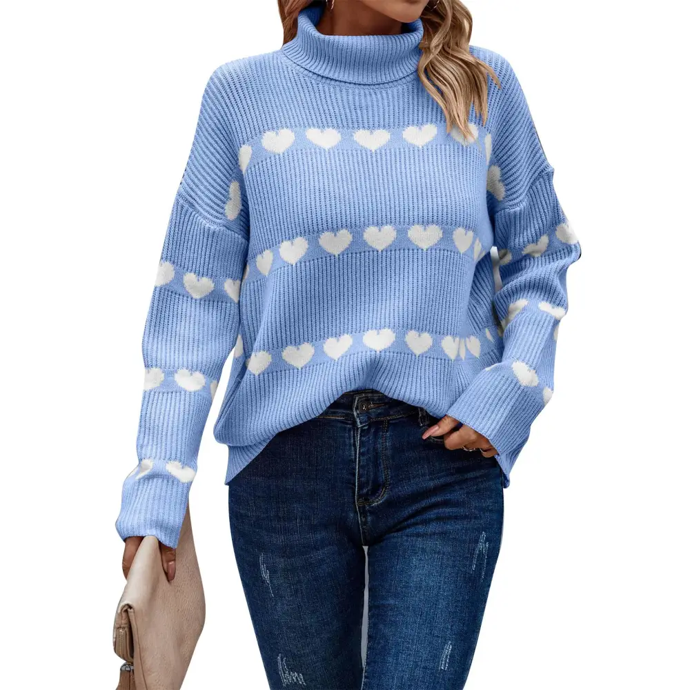 Women Turtleneck Sweater Casual Fashion Cute Long Sleeve Heart Pullover Sweaters for Autumn Winter Sky Blue Background White Heart S