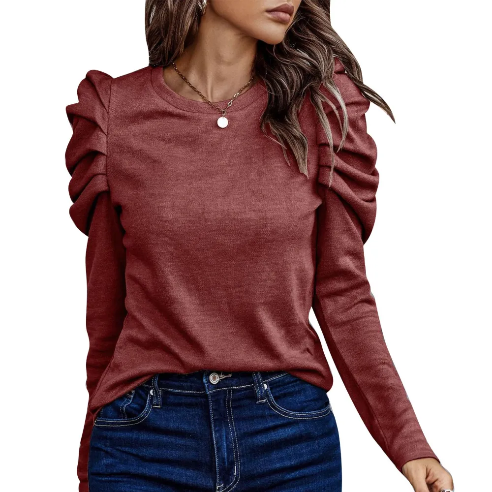 Women Puff Long Sleeve Top Crew Neck Button Decoration Loose Fit Casual Pullover Blouse Wine Red L