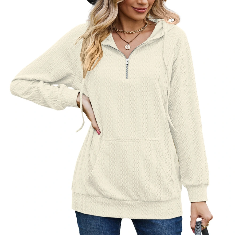 Women Hoddie Pure Color Long Sleeve Quarter Zip Pullover Tops with Front Big Pockets for Autumn Winter Apricot M