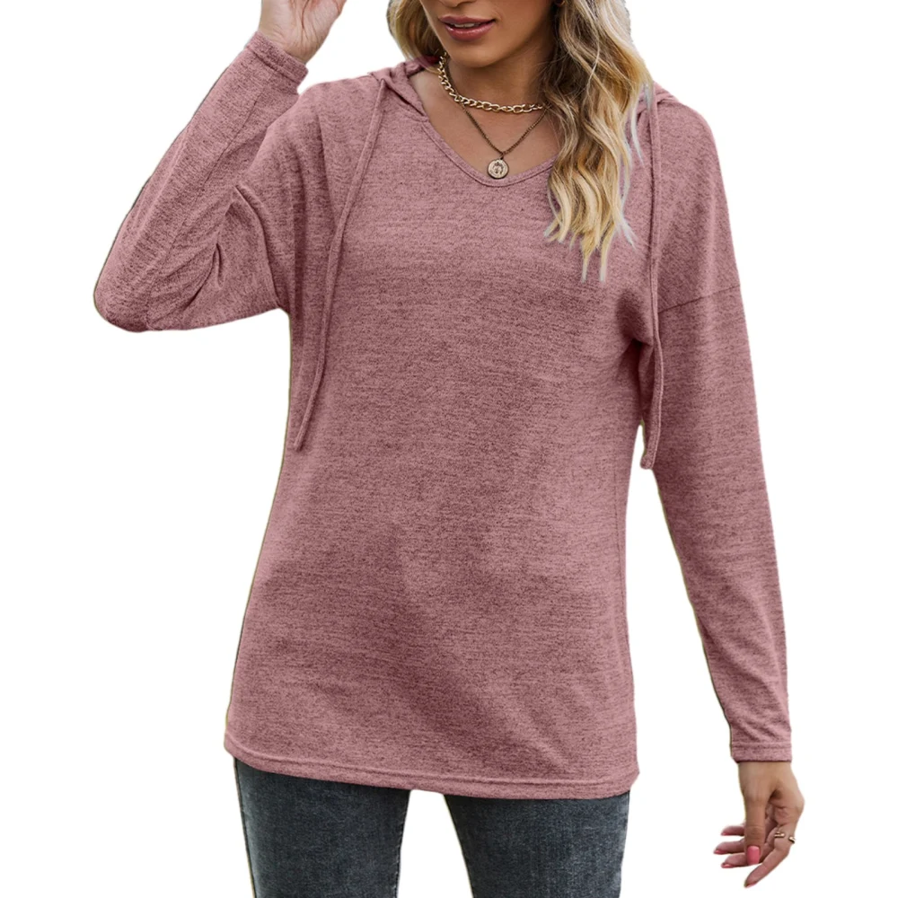 Long Sleeve Shirt Tops V Neck Hooded Stylish Soft Skin Friendly Breathable Women Long Sleeve Shirt for Office Date Work Pink M