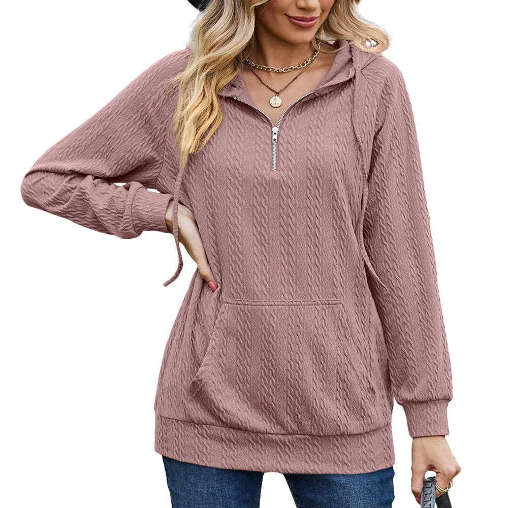 Women Hoddie Pure Color Long Sleeve Quarter Zip Pullover Tops with Front Big Pockets for Autumn Winter Deep Pink S