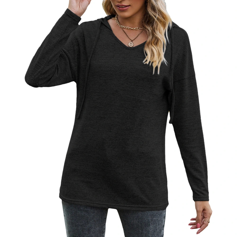 Long Sleeve Shirt Tops V Neck Hooded Stylish Soft Skin Friendly Breathable Women Long Sleeve Shirt for Office Date Work Black S