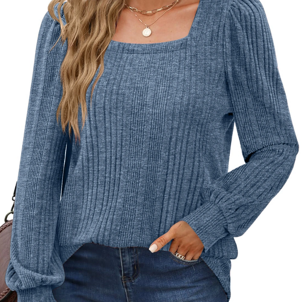 Women Lantern Long Sleeve Top Square Neck Fashion Comfortable Casual Blouse for Work Dating Home Blue S