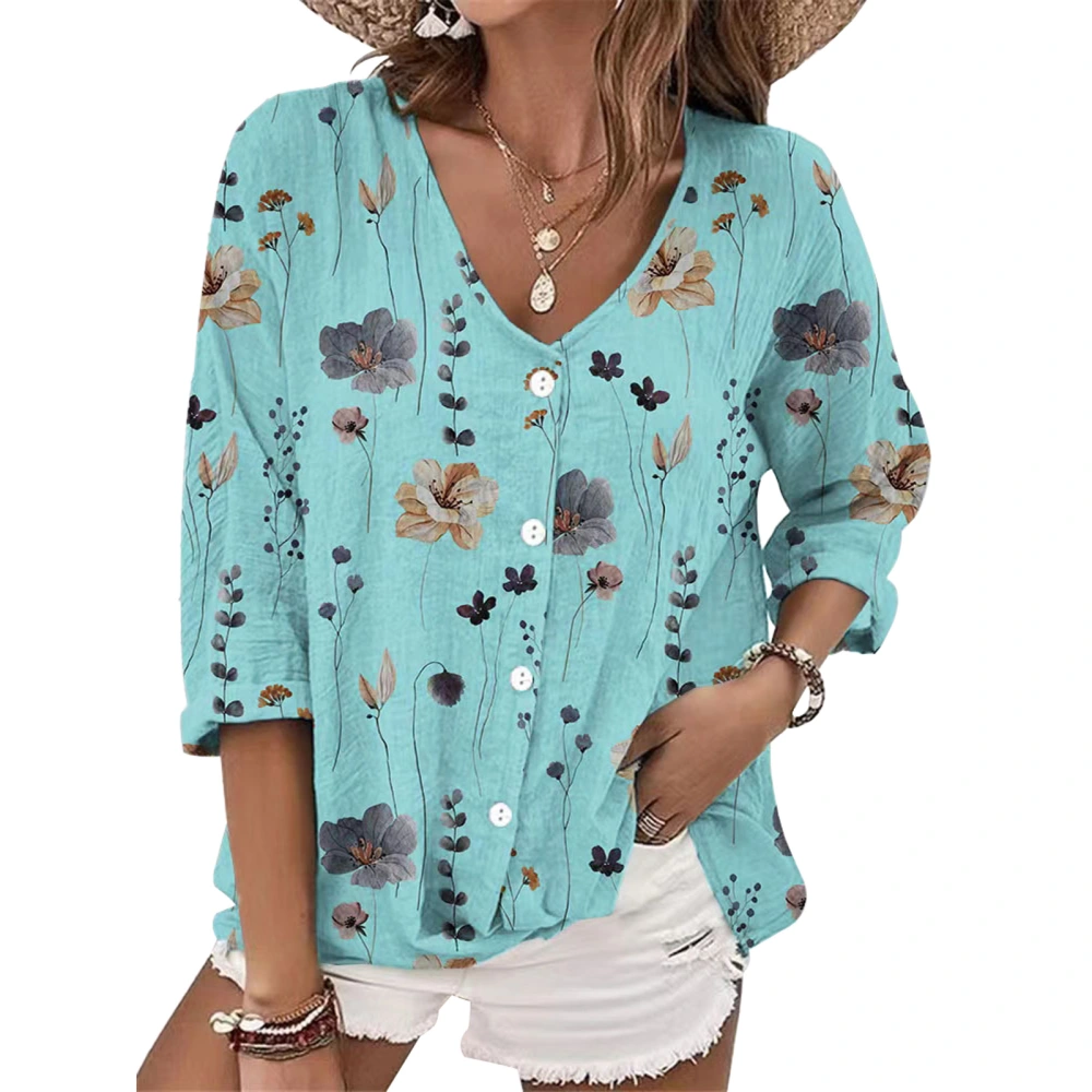 Women V Neck Button Up Top Long Sleeve Loose Fit Dressy Casual Floral Printed Top Cyan 3XL