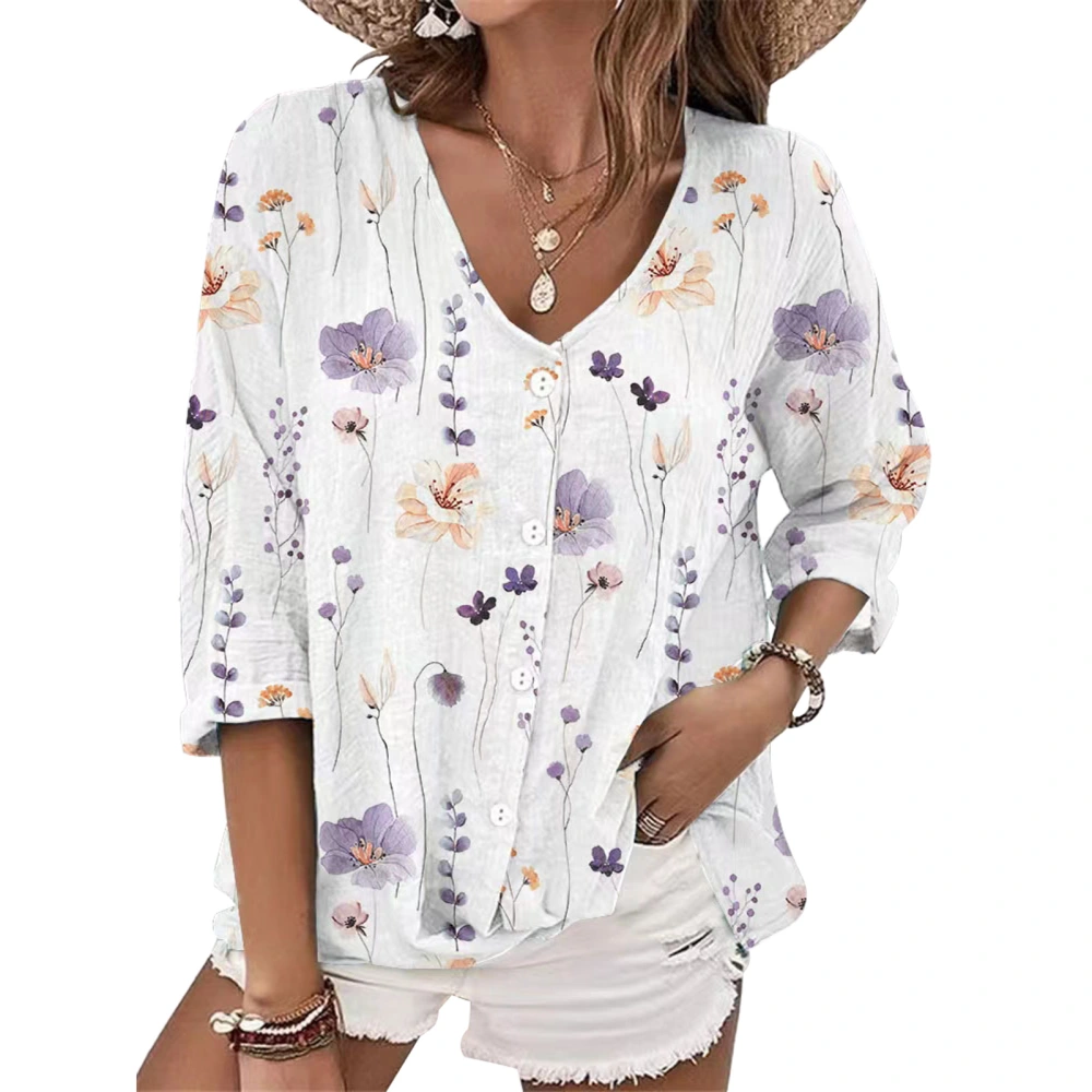 Women V Neck Button Up Top Long Sleeve Loose Fit Dressy Casual Floral Printed Top Purple XL