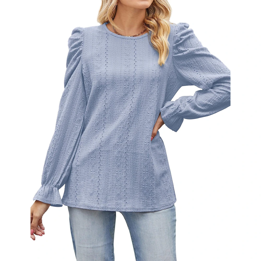 Women Long Sleeve Top Round Neck Puff Sleeve Breathable Sweet Casual Blouse for Work Dating Street Light Blue S