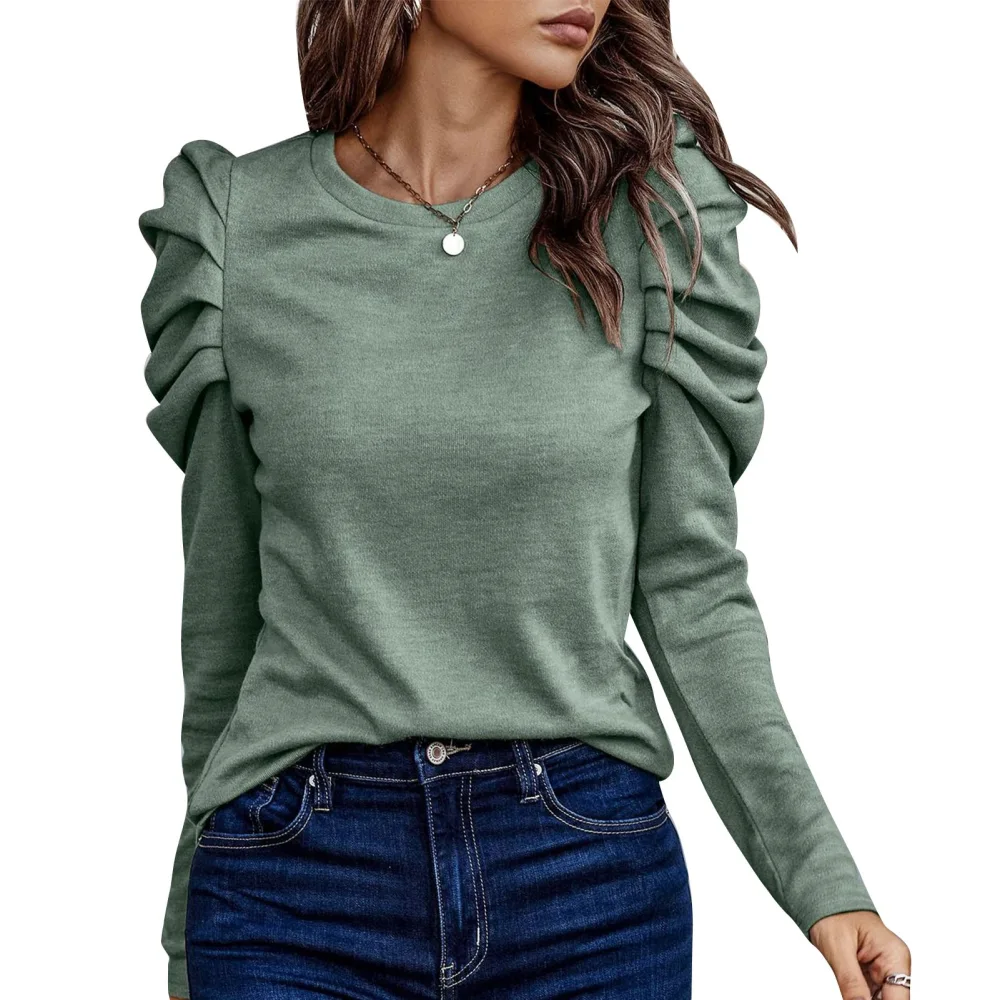 Women Puff Long Sleeve Top Crew Neck Button Decoration Loose Fit Casual Pullover Blouse Green L