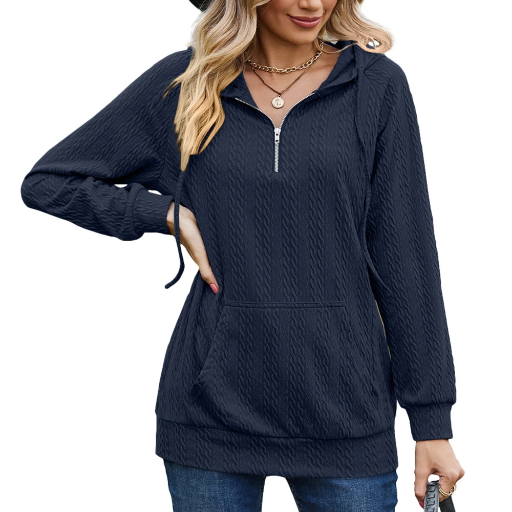 Women Hoddie Pure Color Long Sleeve Quarter Zip Pullover Tops with Front Big Pockets for Autumn Winter Navy Blue M