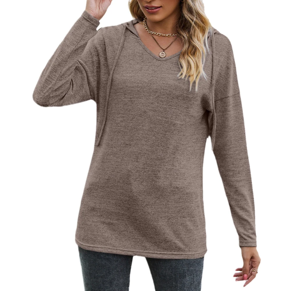 Long Sleeve Shirt Tops V Neck Hooded Stylish Soft Skin Friendly Breathable Women Long Sleeve Shirt for Office Date Work Khaki S